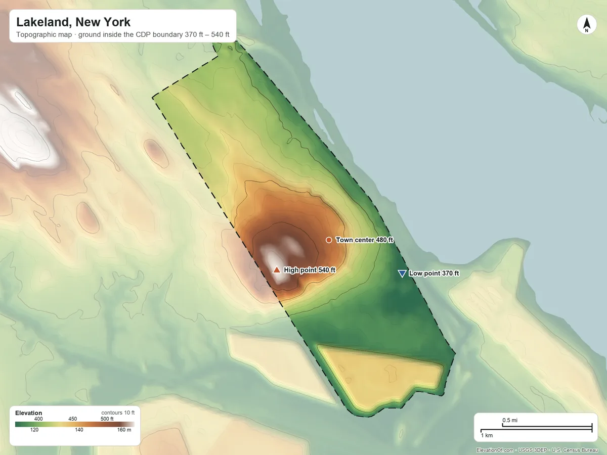 Topographic elevation map of Lakeland, New York, shaded from 370 ft on the southeast side to 540 ft on the southwest side