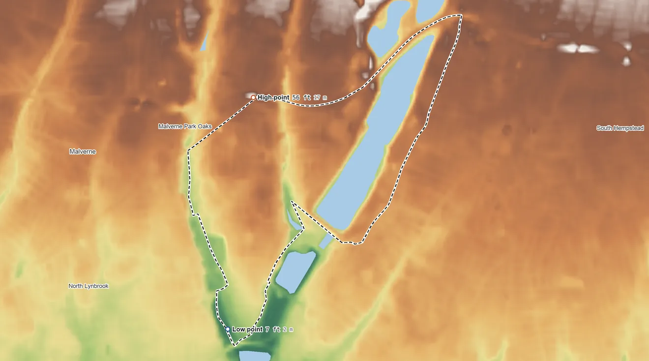 Topographic elevation map of Lakeview, New York, shaded from 7 ft on the south side to 56 ft on the north side