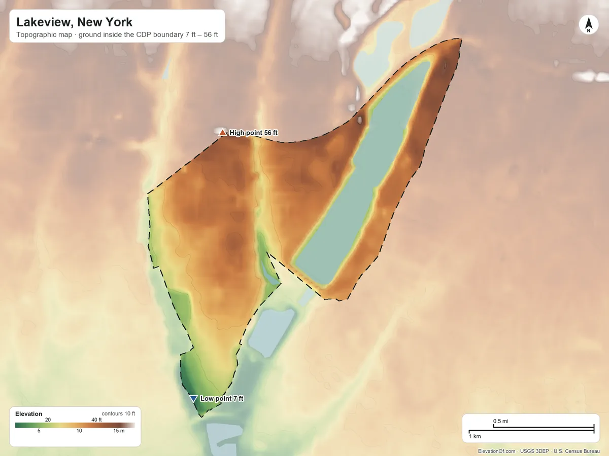 Topographic elevation map of Lakeview, New York, shaded from 7 ft on the south side to 56 ft on the north side