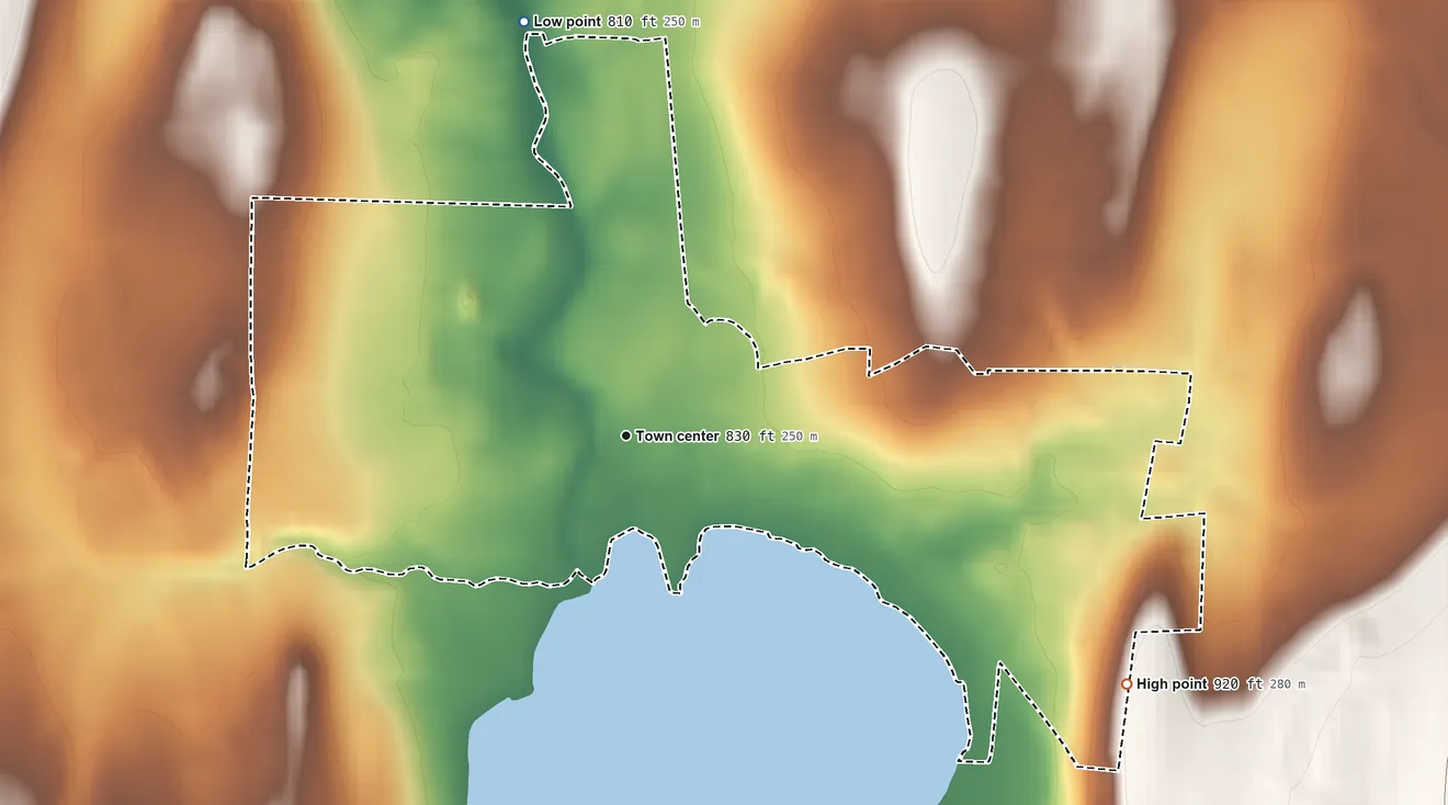 Topographic elevation map of Lakeville, New York, shaded from 810 ft on the north side to 920 ft on the southeast side