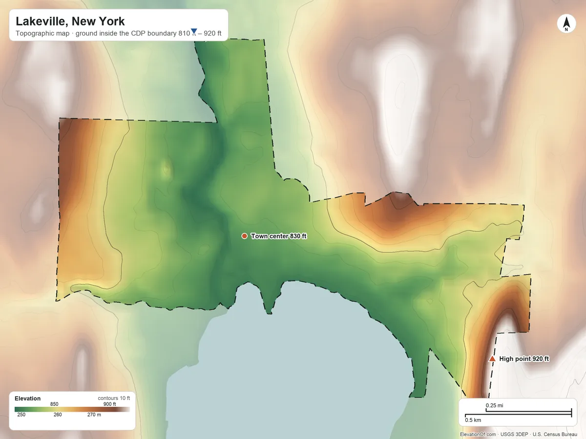 Topographic elevation map of Lakeville, New York, shaded from 810 ft on the north side to 920 ft on the southeast side