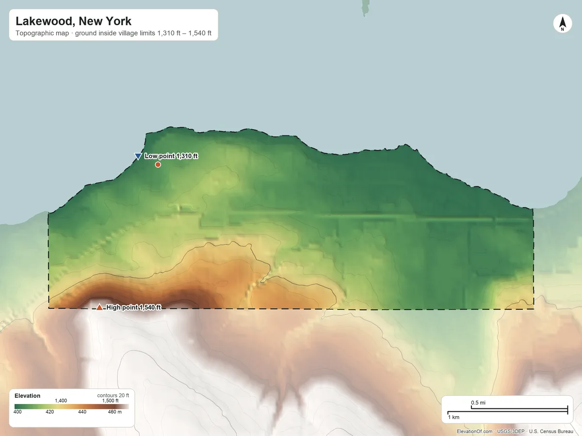 Topographic elevation map of Lakewood, New York, shaded from 1,310 ft near the middle to 1,540 ft on the south side