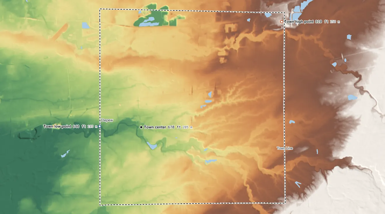 Topographic elevation map of Lancaster, New York, shaded from 640 ft on the west side to 810 ft on the northeast side