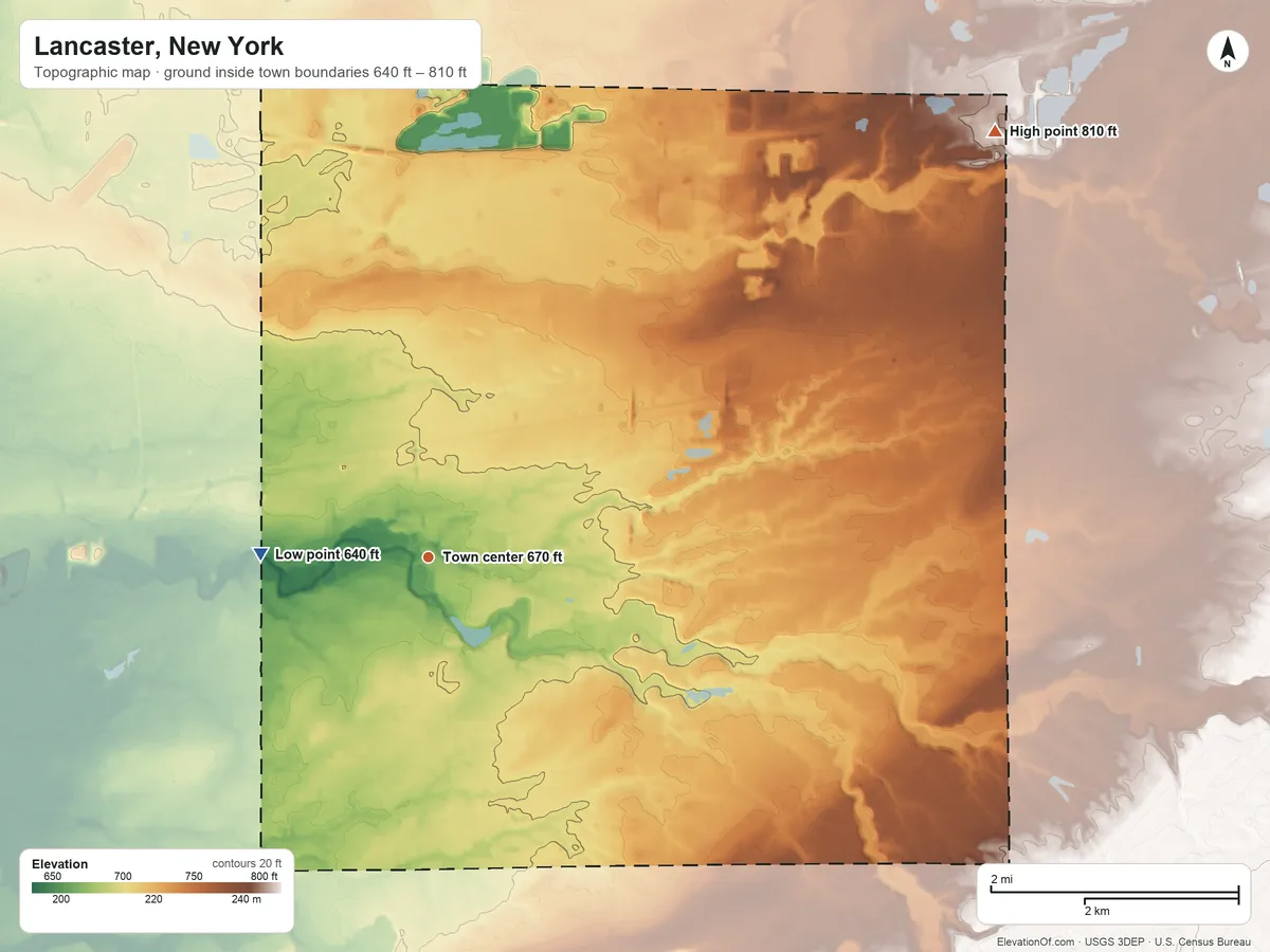 Topographic elevation map of Lancaster, New York, shaded from 640 ft on the west side to 810 ft on the northeast side