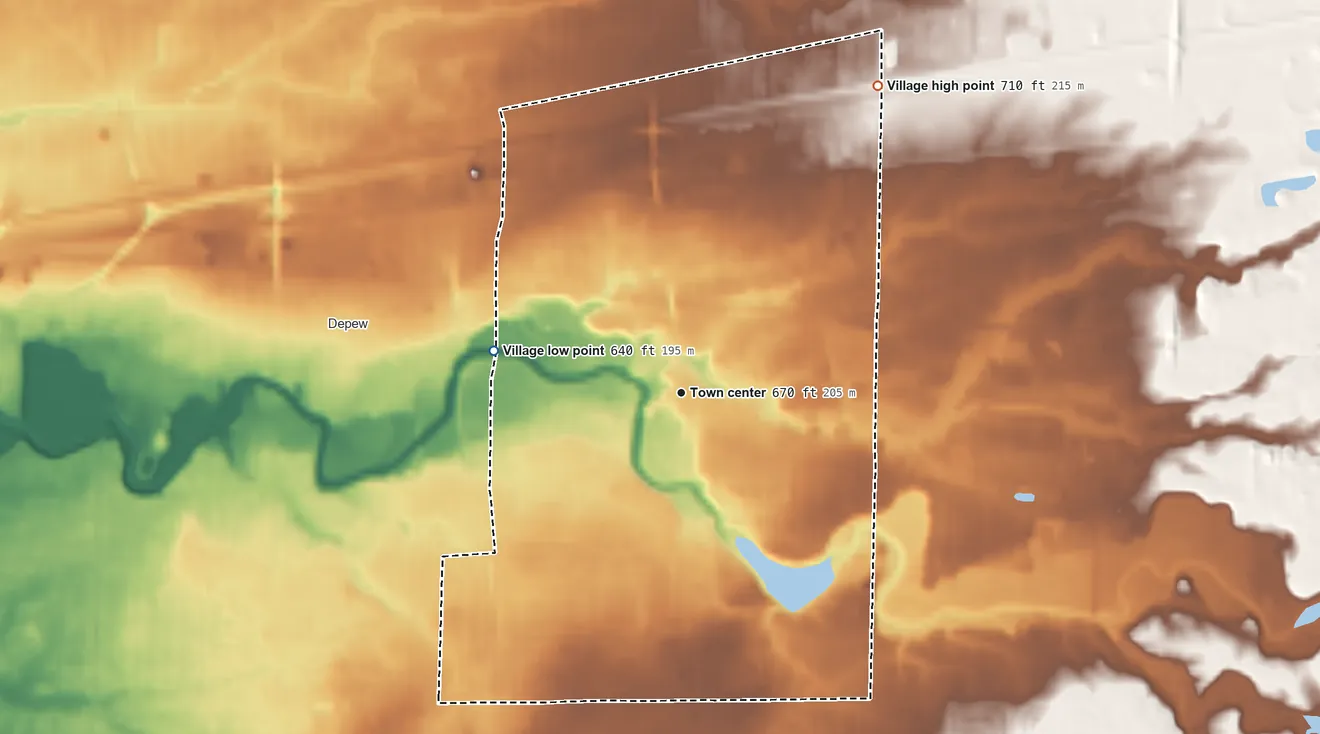 Topographic elevation map of Village of Lancaster, New York, shaded from 640 ft on the west side to 710 ft on the northeast side