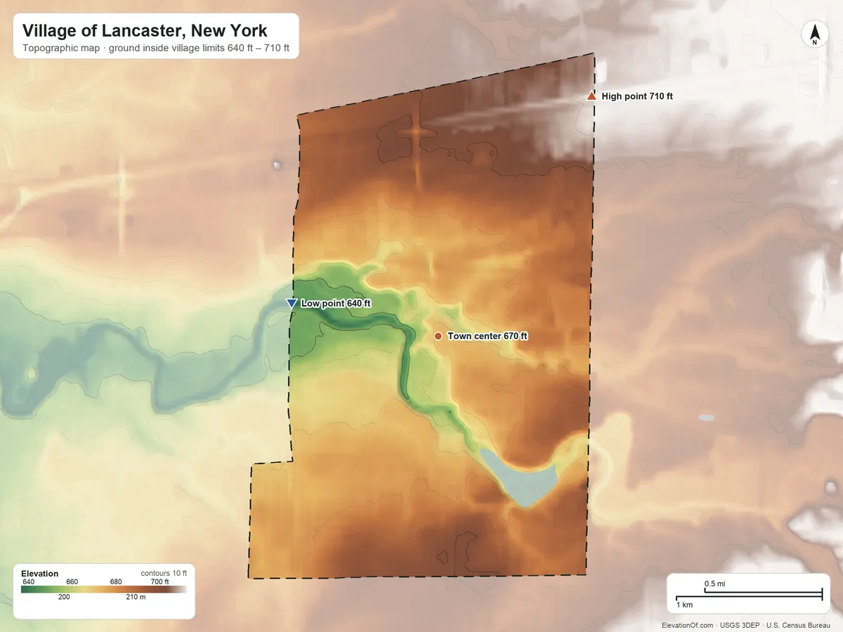 Topographic elevation map of Village of Lancaster, New York, shaded from 640 ft on the west side to 710 ft on the northeast side