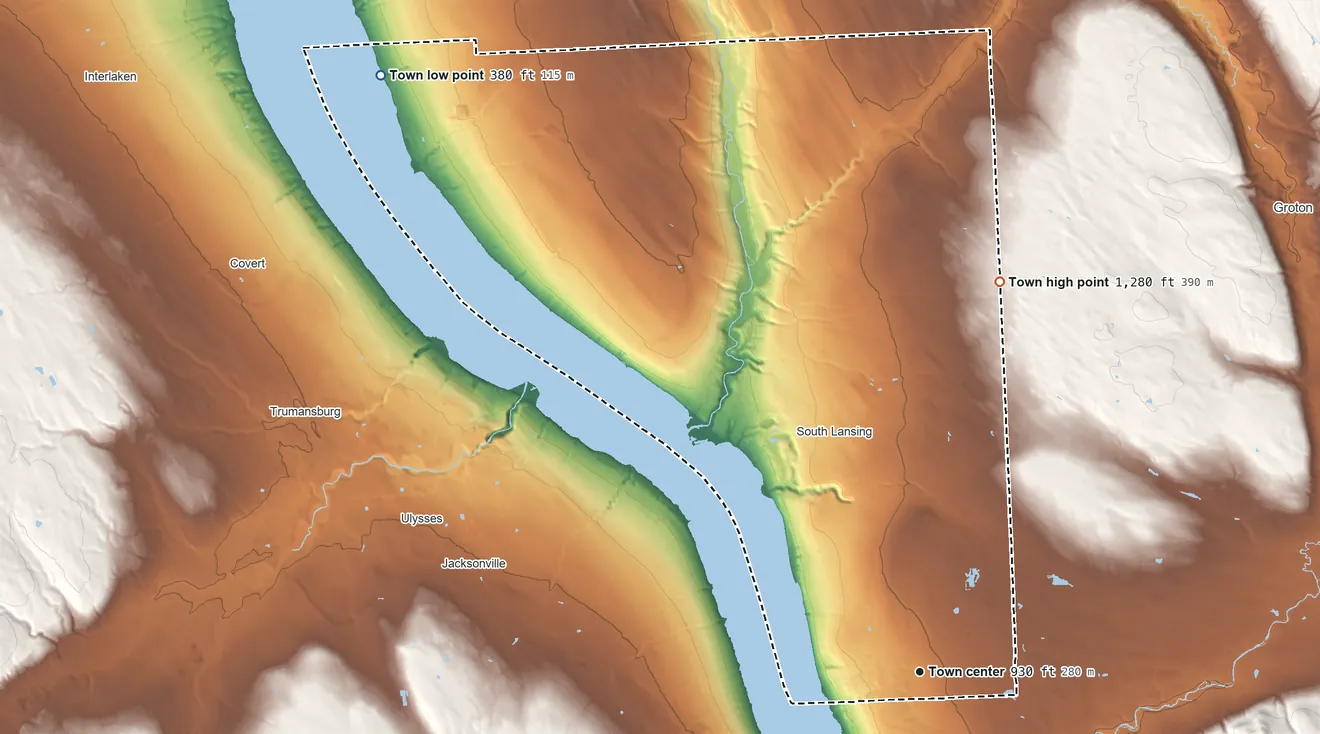 Topographic elevation map of Lansing, New York, shaded from 380 ft on the northwest side to 1,280 ft on the north side
