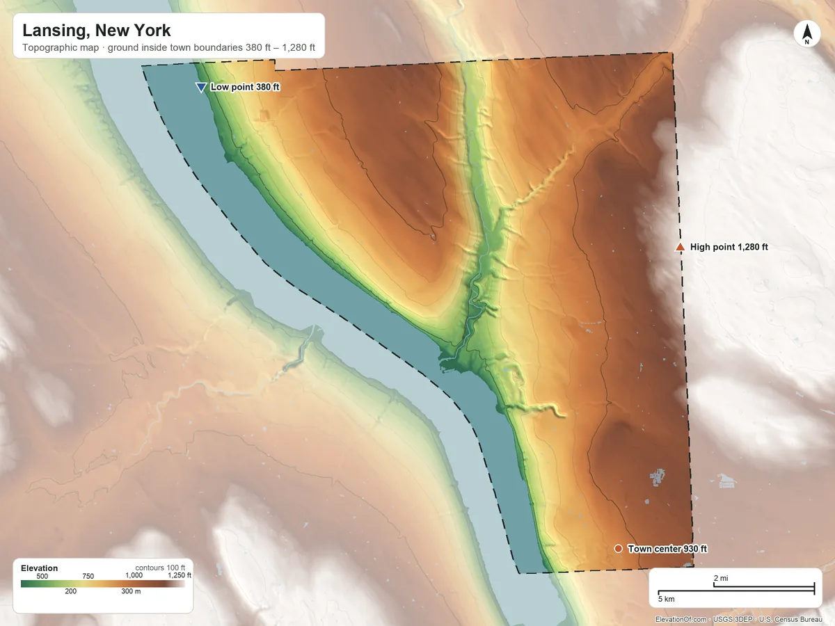 Topographic elevation map of Lansing, New York, shaded from 380 ft on the northwest side to 1,280 ft on the north side