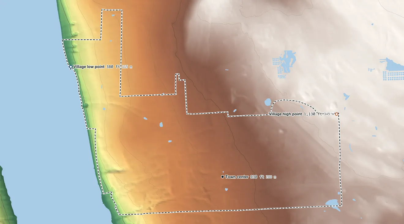 Topographic elevation map of Village of Lansing, New York, shaded from 380 ft on the northwest side to 1,130 ft on the northeast side