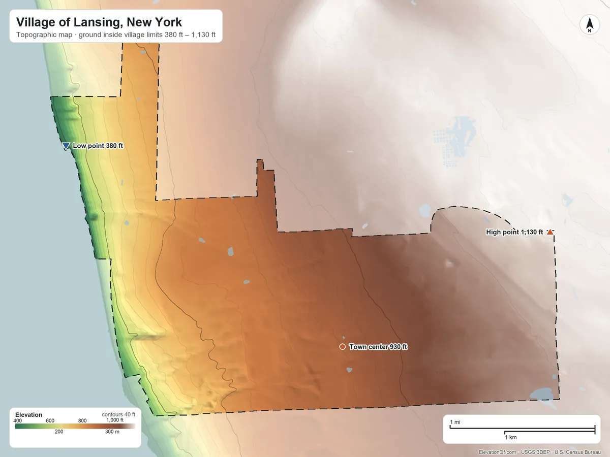 Topographic elevation map of Village of Lansing, New York, shaded from 380 ft on the northwest side to 1,130 ft on the northeast side