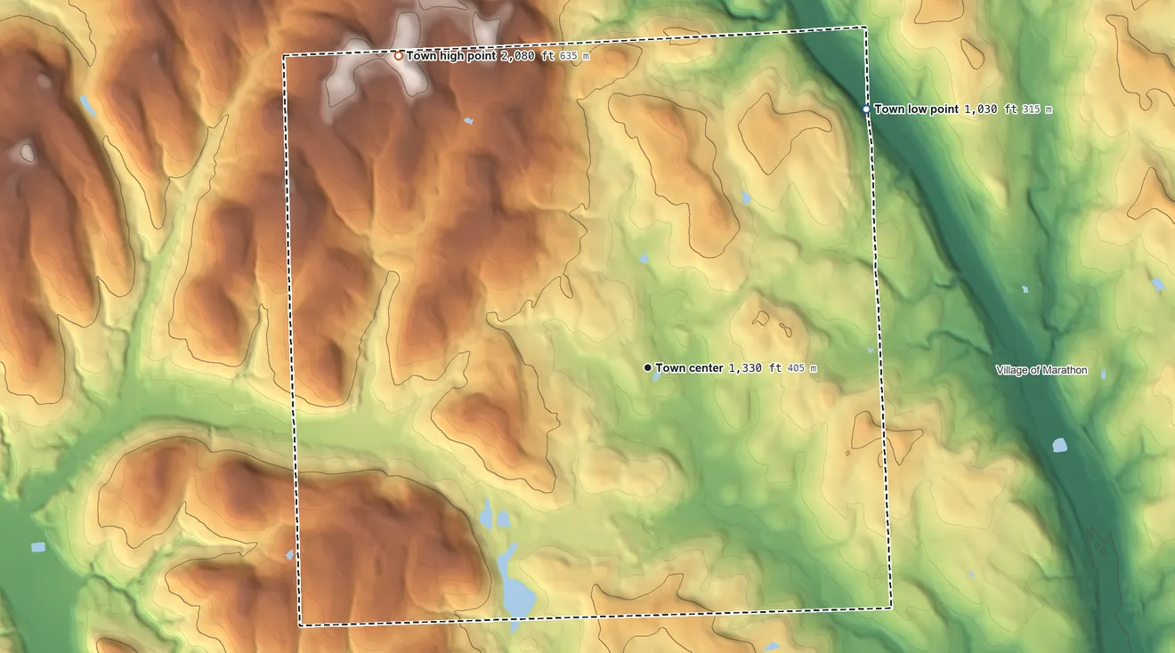 Topographic elevation map of Lapeer, New York, shaded from 1,030 ft on the northeast side to 2,080 ft on the northwest side