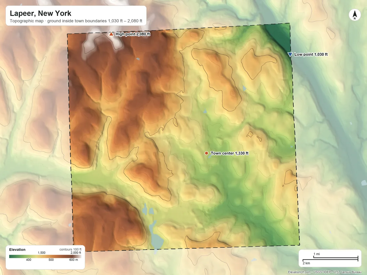 Topographic elevation map of Lapeer, New York, shaded from 1,030 ft on the northeast side to 2,080 ft on the northwest side