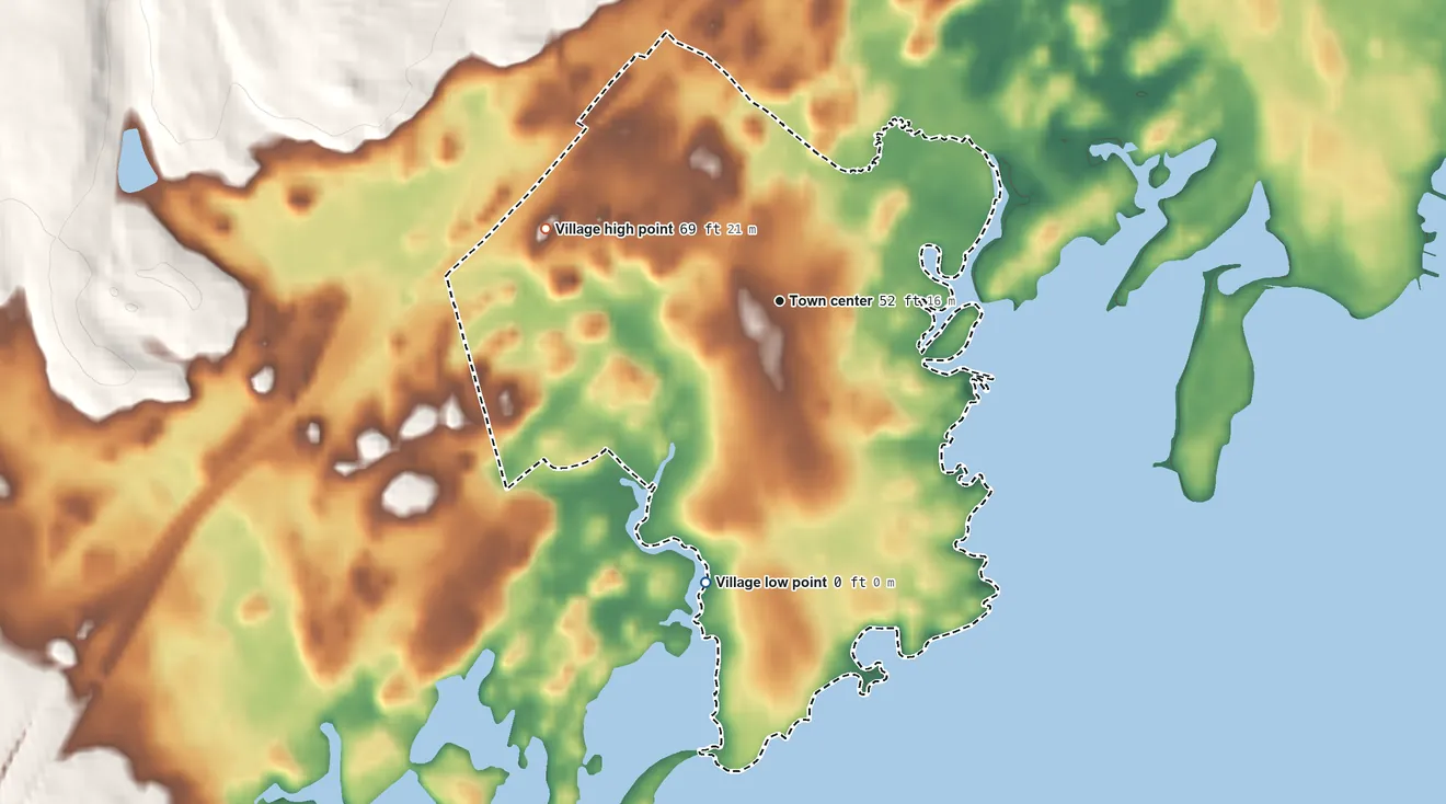 Topographic elevation map of Larchmont, New York, shaded from sea level level on Playland Lake to 69 ft on the west side