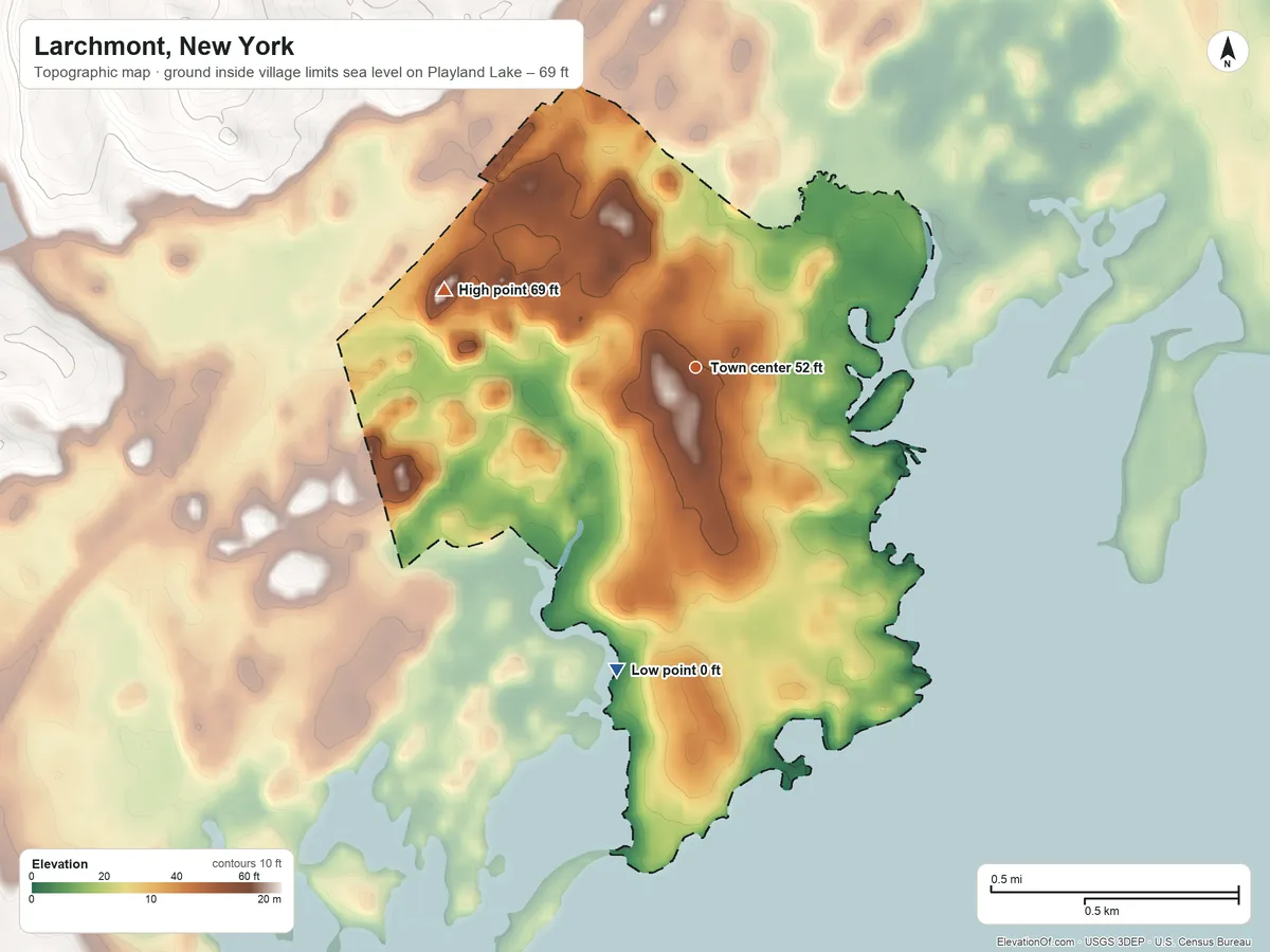 Topographic elevation map of Larchmont, New York, shaded from sea level level on Playland Lake to 69 ft on the west side