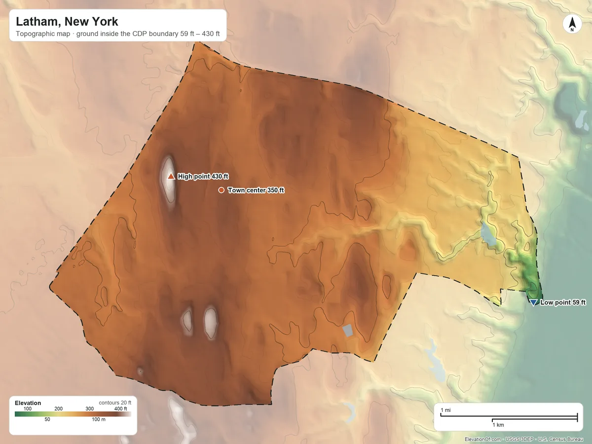 Topographic elevation map of Latham, New York, shaded from 59 ft on the east side to 430 ft near the middle