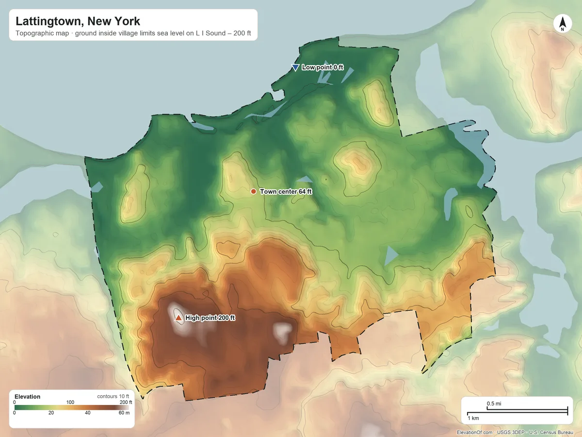 Topographic elevation map of Lattingtown, New York, shaded from sea level level on Long Island Sound to 200 ft on the southwest side