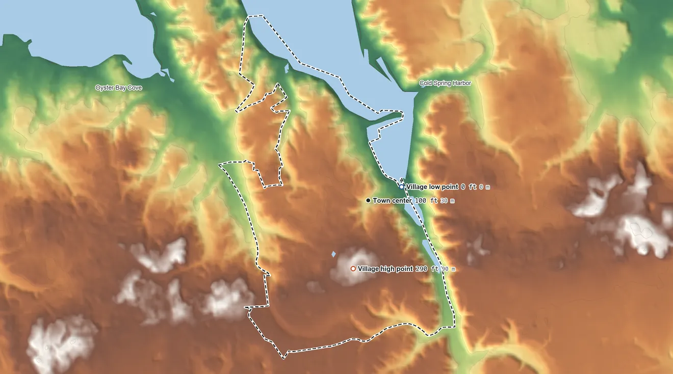 Topographic elevation map of Laurel Hollow, New York, shaded from sea level level on Cold Spring Harbor to 290 ft on the south side
