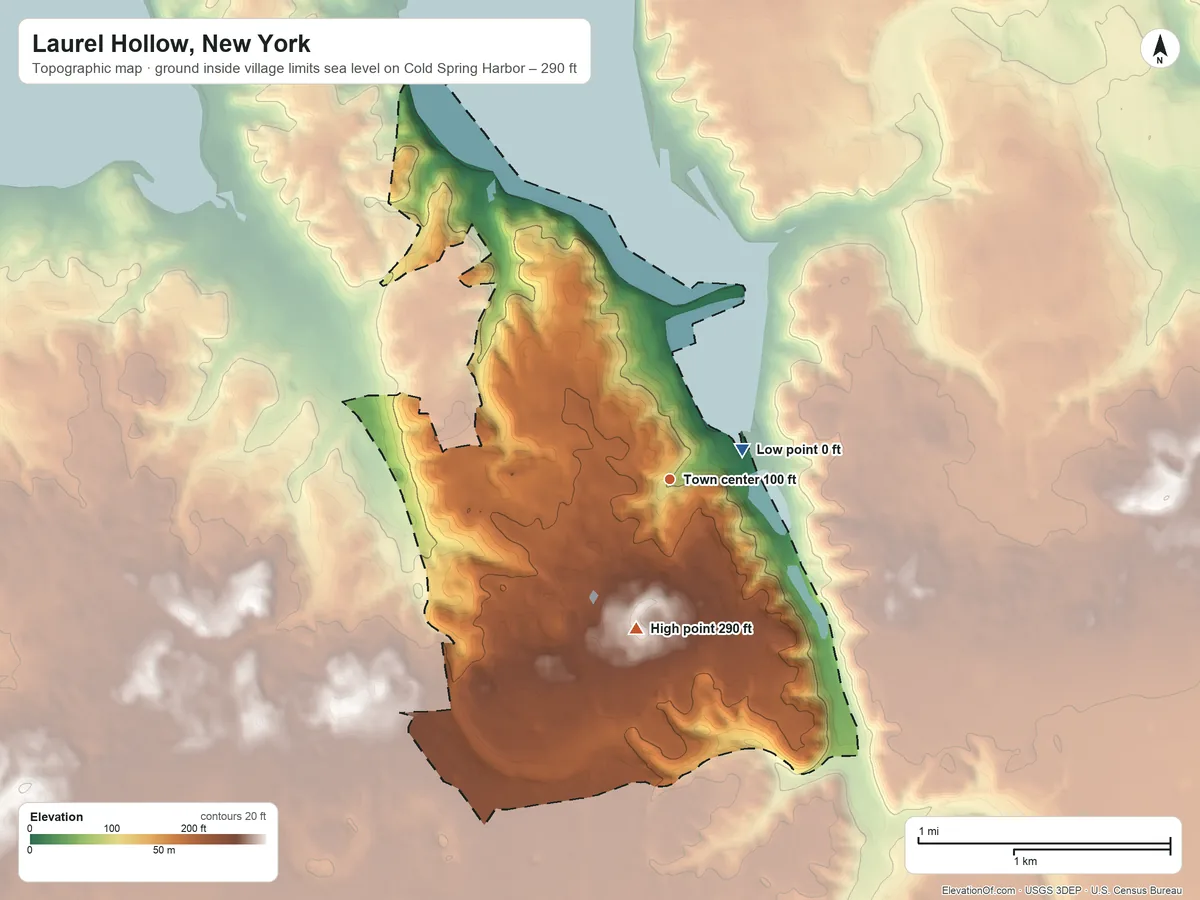 Topographic elevation map of Laurel Hollow, New York, shaded from sea level level on Cold Spring Harbor to 290 ft on the south side