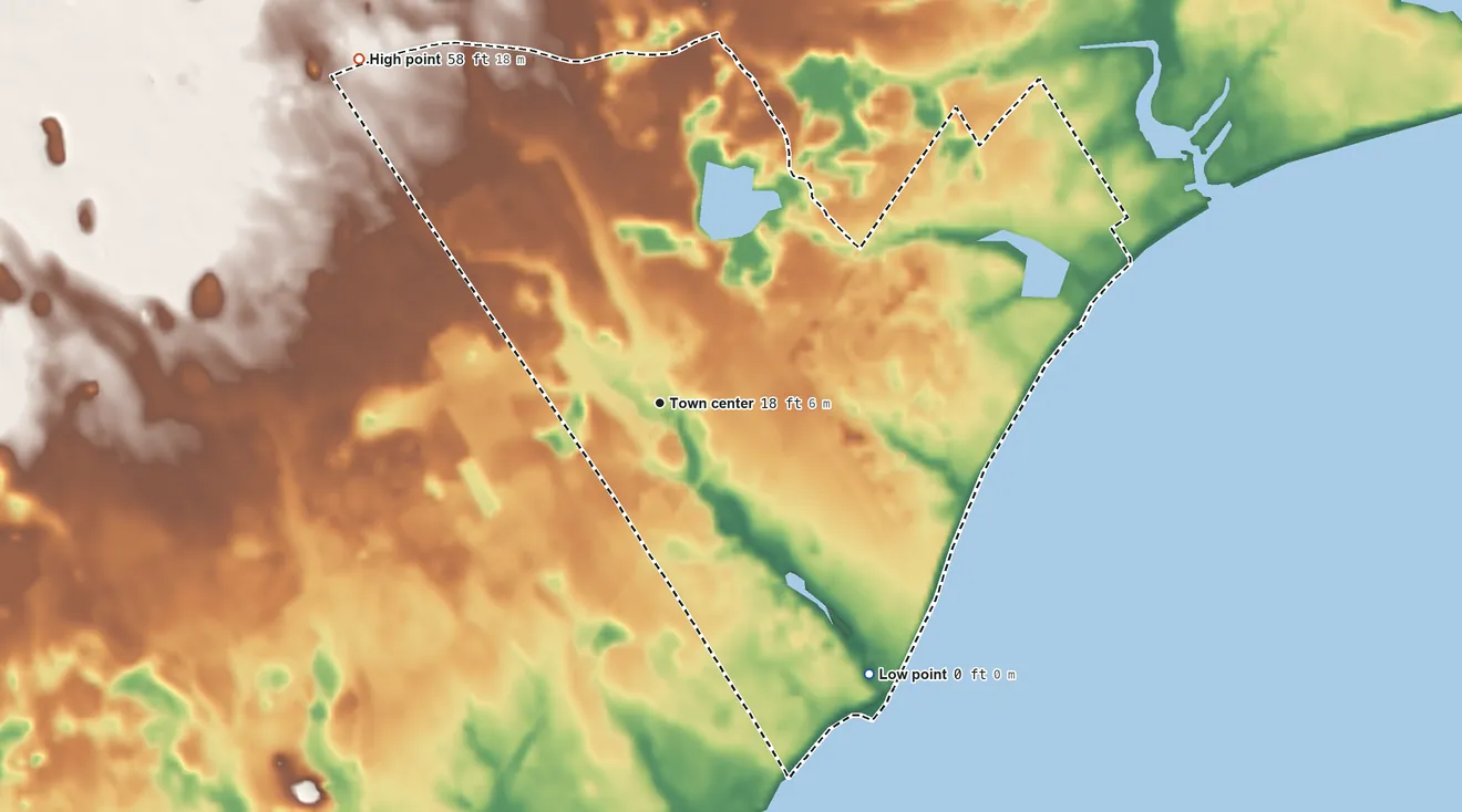 Topographic elevation map of Laurel, New York, shaded from sea level level on Great Peconic Bay to 58 ft on the northwest side