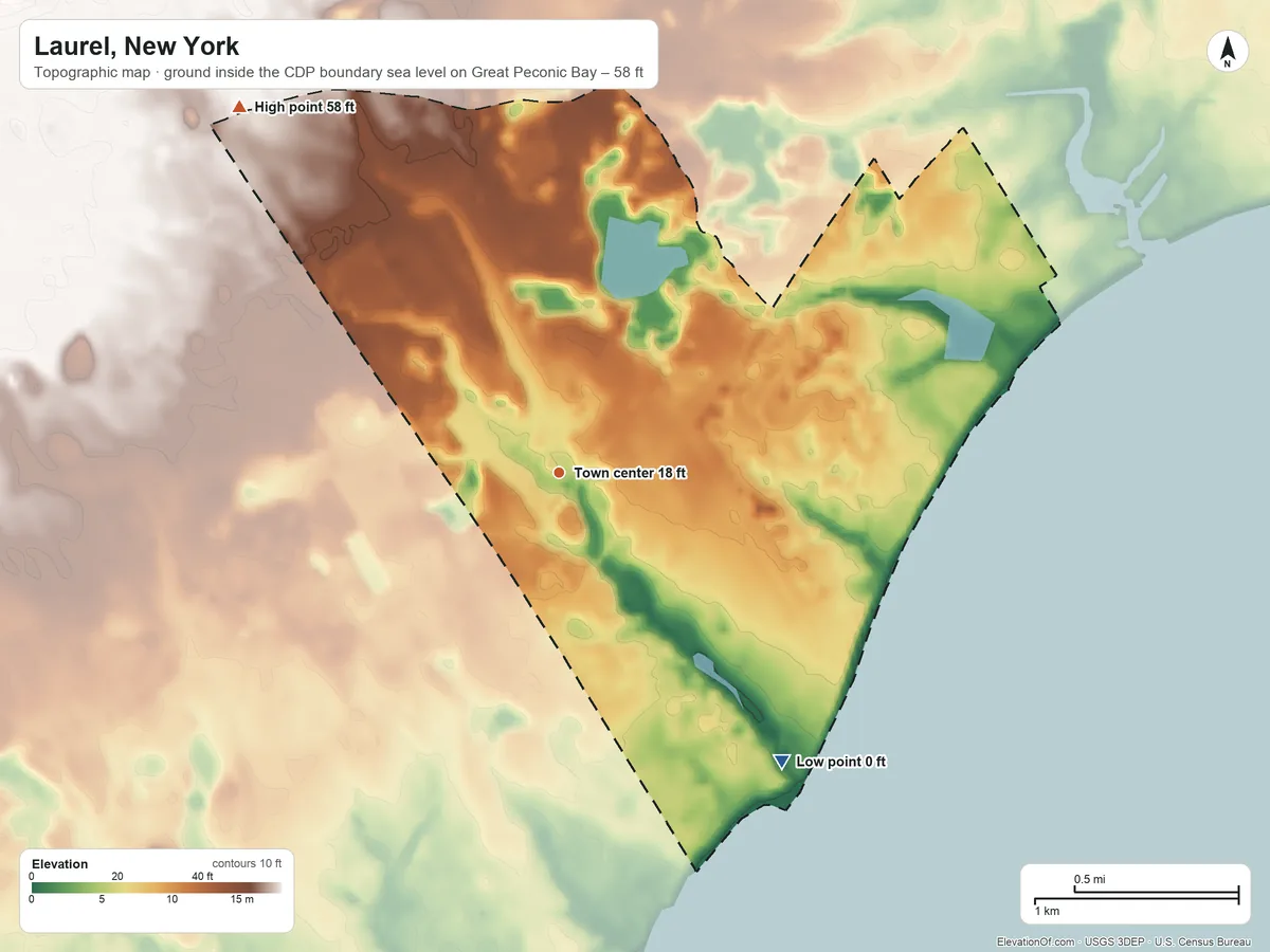 Topographic elevation map of Laurel, New York, shaded from sea level level on Great Peconic Bay to 58 ft on the northwest side