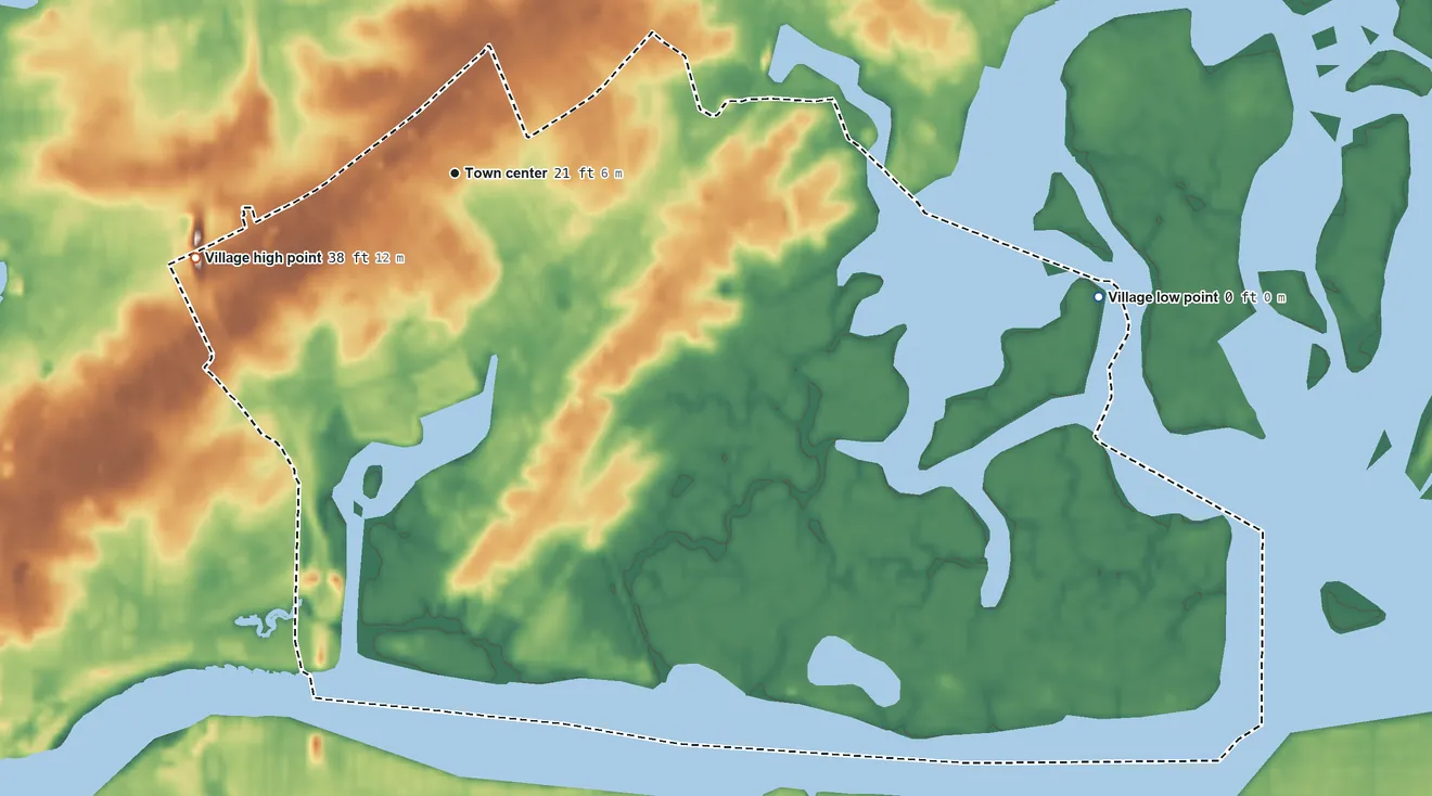 Topographic elevation map of Lawrence, New York, shaded from sea level level on Broswere Bay to 38 ft on the west side