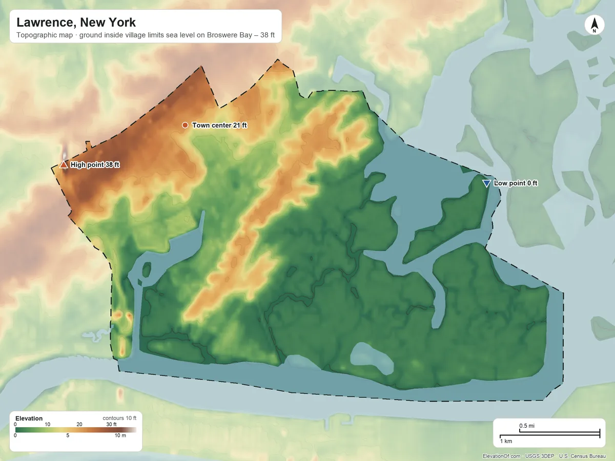 Topographic elevation map of Lawrence, New York, shaded from sea level level on Broswere Bay to 38 ft on the west side