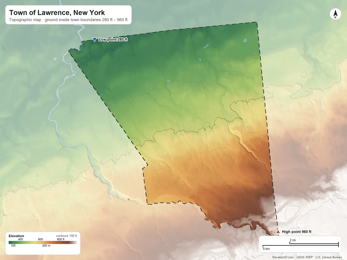 Topographic elevation map of Town of Lawrence, New York, shaded from 280 ft on the northwest side to 960 ft on the southeast side