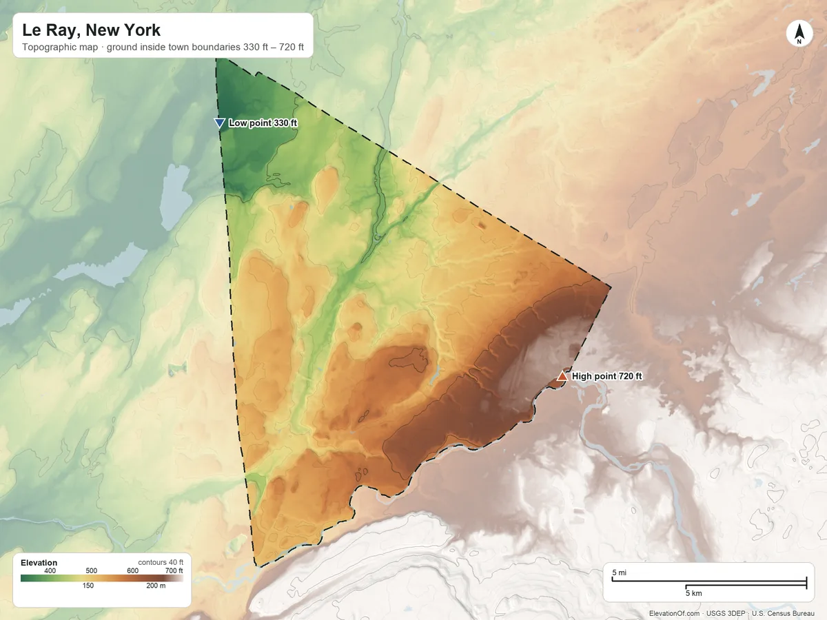 Topographic elevation map of Le Ray, New York, shaded from 330 ft on the northwest side to 720 ft on the east side