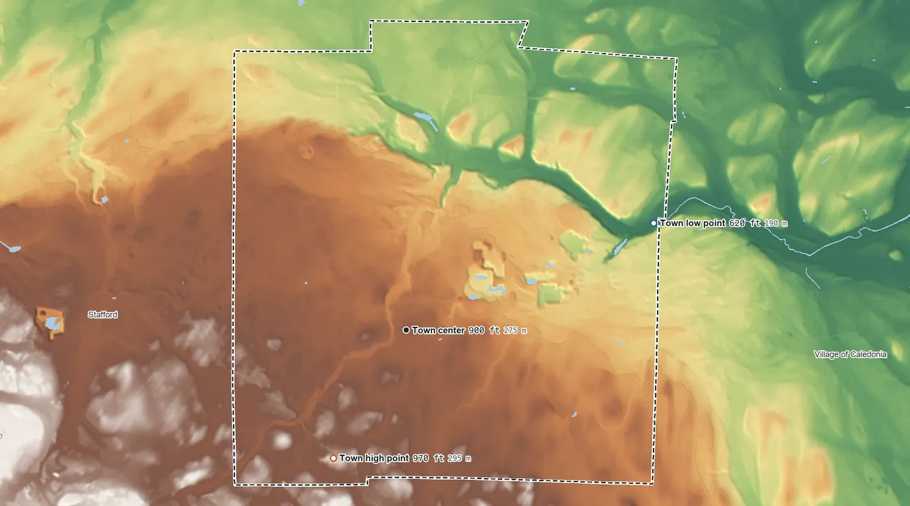 Topographic elevation map of Le Roy, New York, shaded from 620 ft on the northeast side to 970 ft on the southwest side
