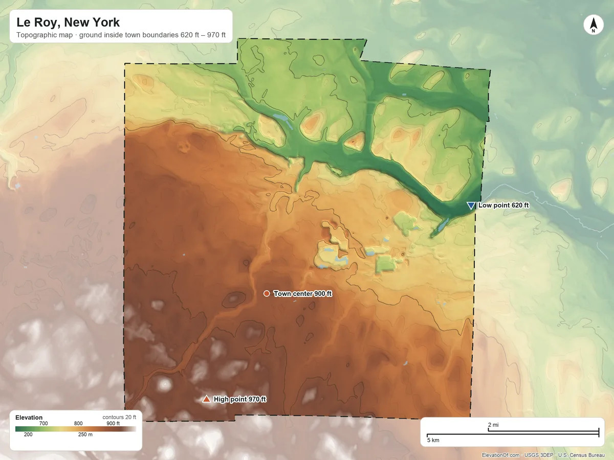 Topographic elevation map of Le Roy, New York, shaded from 620 ft on the northeast side to 970 ft on the southwest side