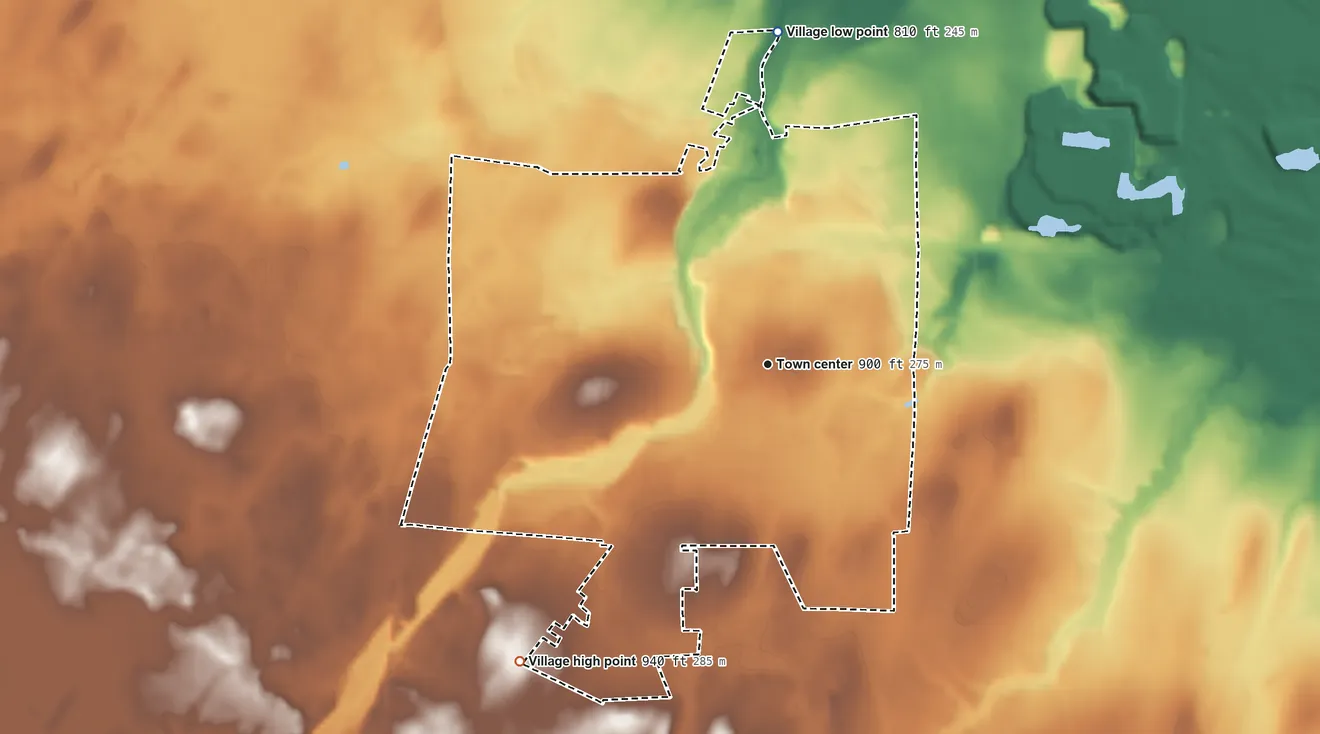 Topographic elevation map of Village of Le Roy, New York, shaded from 810 ft on the north side to 940 ft on the southwest side