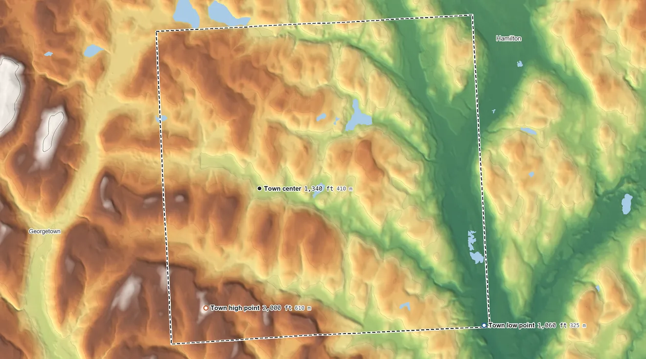 Topographic elevation map of Lebanon, New York, shaded from 1,060 ft on the southeast side to 2,000 ft on the southwest side
