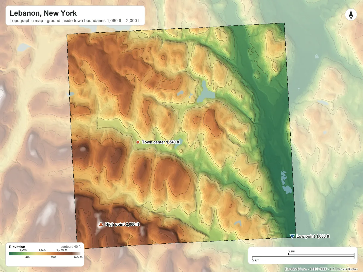 Topographic elevation map of Lebanon, New York, shaded from 1,060 ft on the southeast side to 2,000 ft on the southwest side