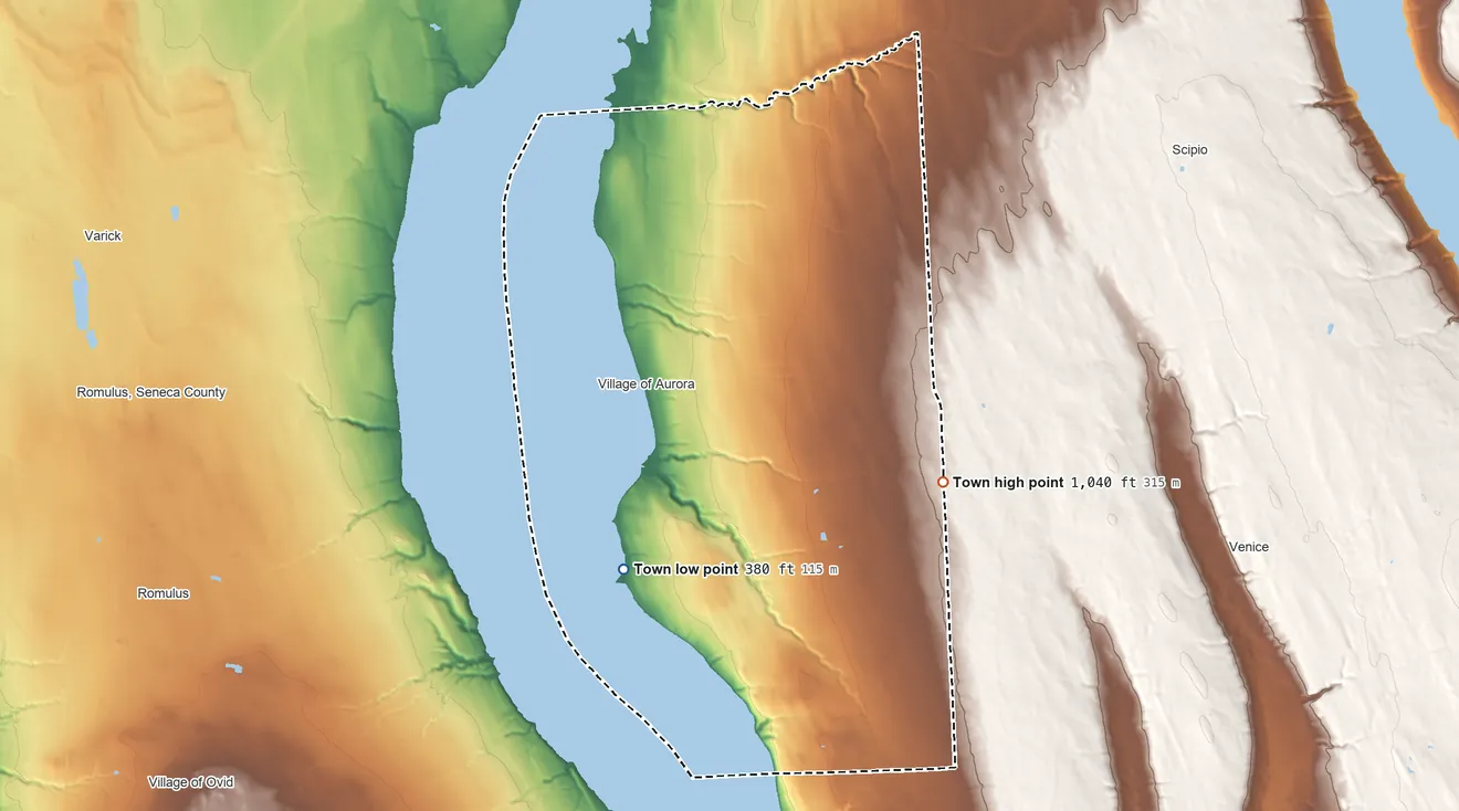 Topographic elevation map of Ledyard, New York, shaded from 380 ft on the southwest side to 1,040 ft on the east side