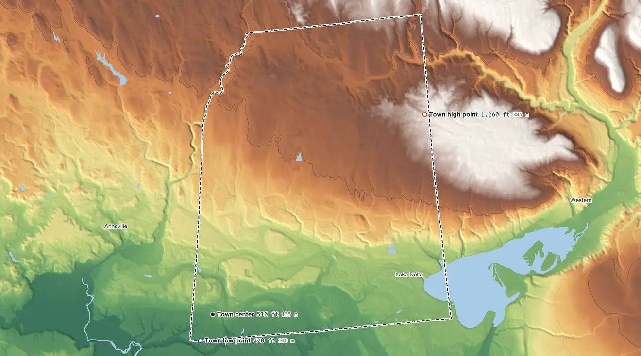 Topographic elevation map of Lee, New York, shaded from 420 ft near the middle to 1,260 ft on the northeast side