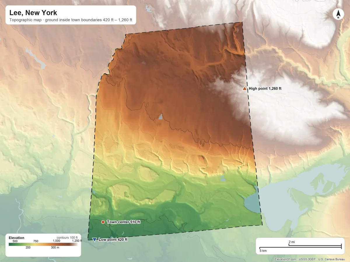 Topographic elevation map of Lee, New York, shaded from 420 ft near the middle to 1,260 ft on the northeast side