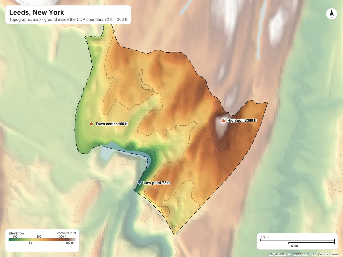 Topographic elevation map of Leeds, New York, shaded from 72 ft on the southeast side to 360 ft on the east side