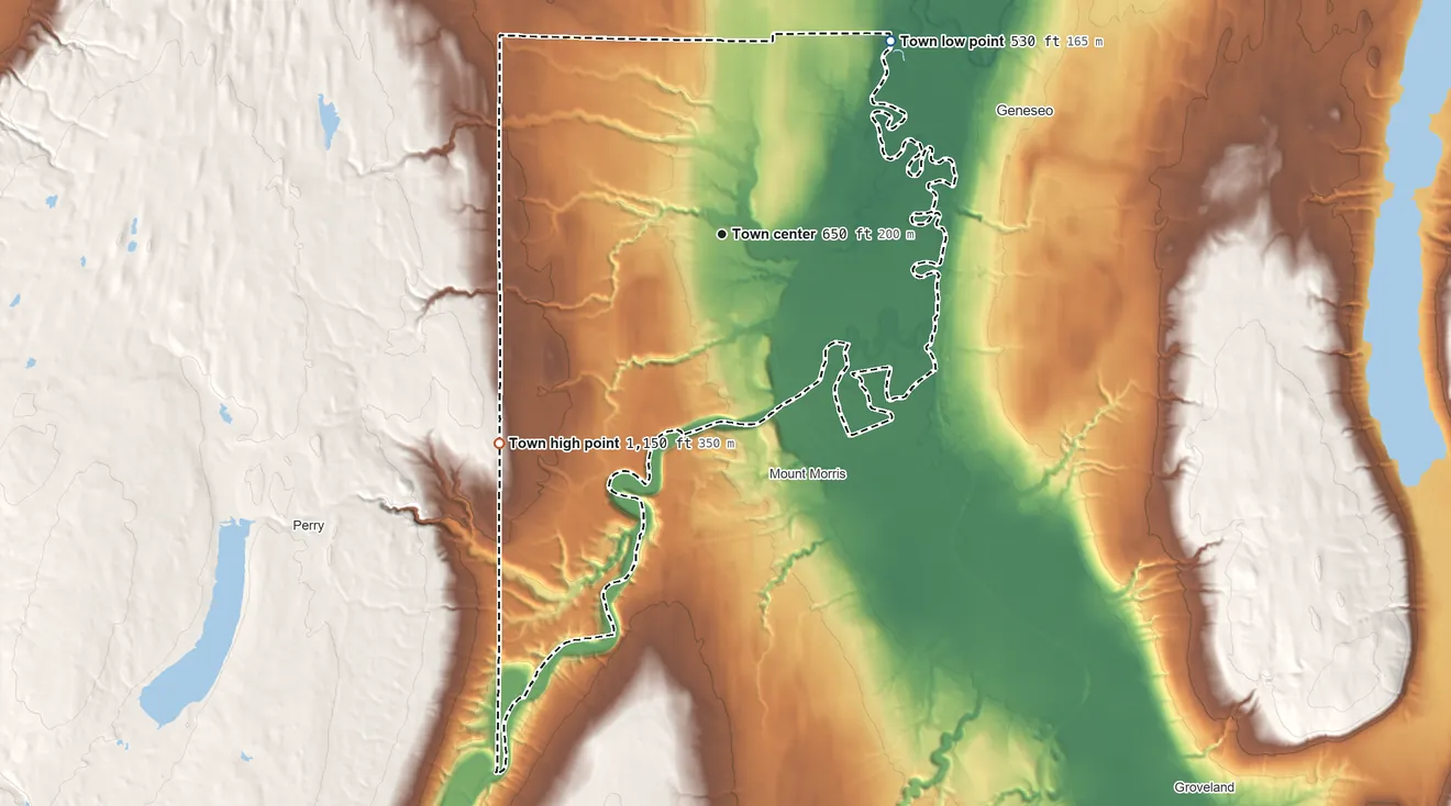 Topographic elevation map of Leicester, New York, shaded from 530 ft on the northeast side to 1,150 ft on the southwest side