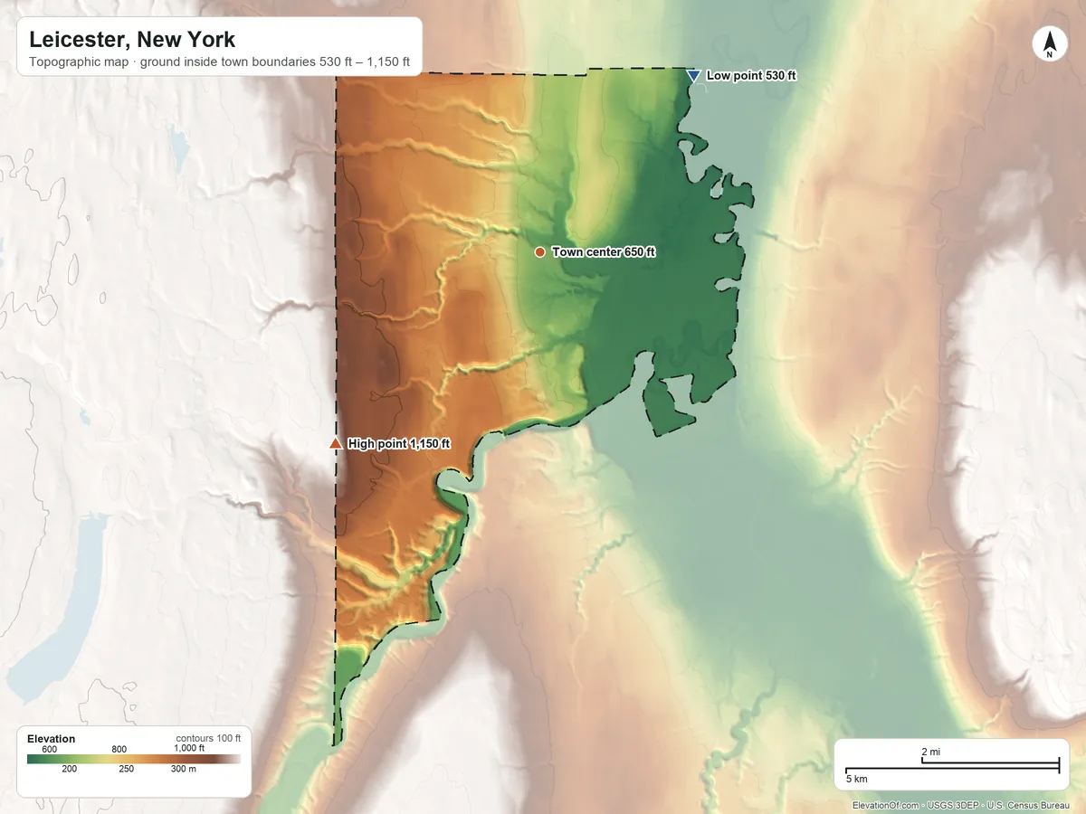 Topographic elevation map of Leicester, New York, shaded from 530 ft on the northeast side to 1,150 ft on the southwest side