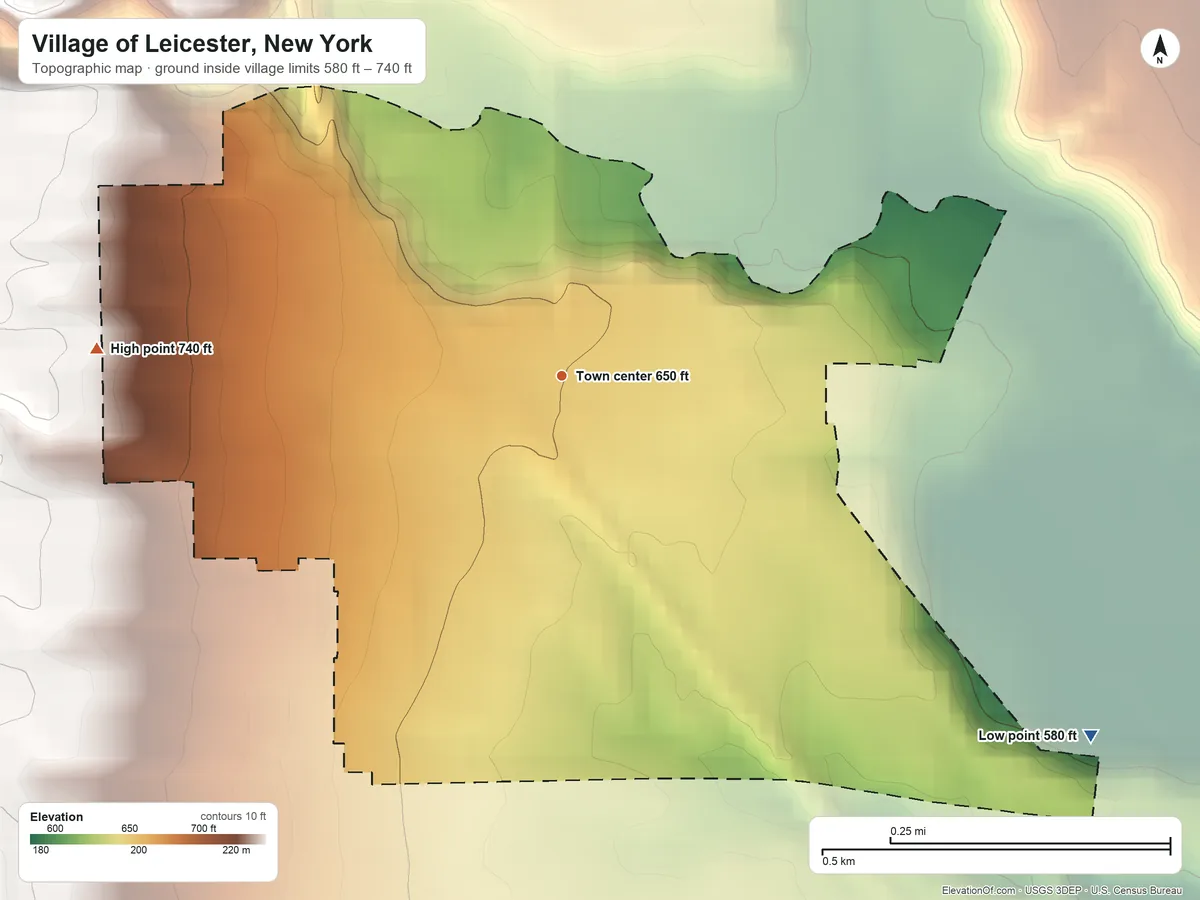 Topographic elevation map of Village of Leicester, New York, shaded from 580 ft on the southeast side to 740 ft on the west side