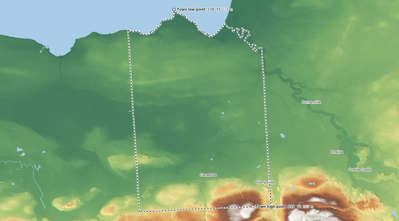 Topographic elevation map of Lenox, New York, shaded from 370 ft on the north side to 810 ft on the southeast side
