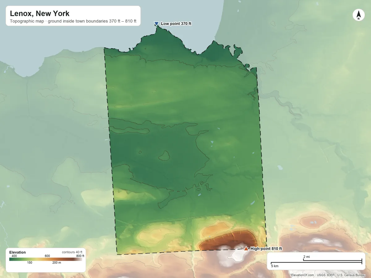 Topographic elevation map of Lenox, New York, shaded from 370 ft on the north side to 810 ft on the southeast side