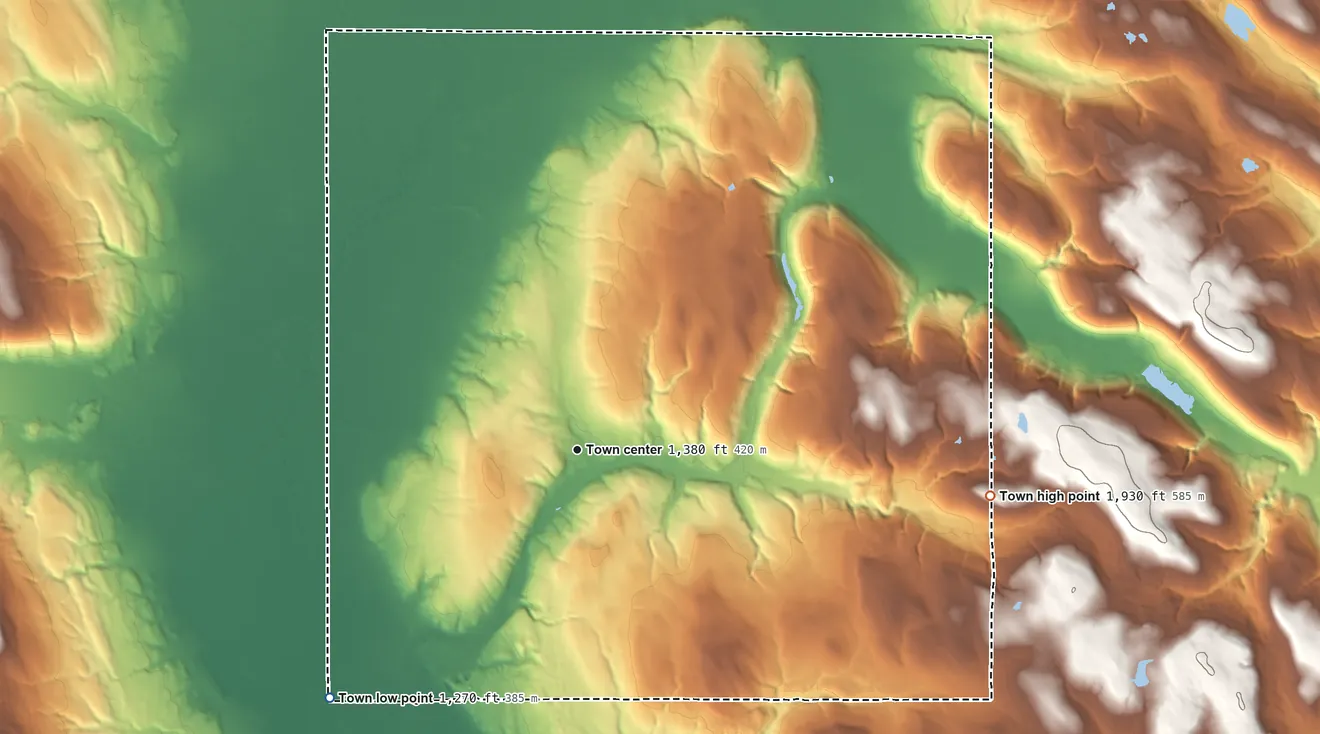 Topographic elevation map of Leon, New York, shaded from 1,270 ft on the southwest side to 1,930 ft on the east side