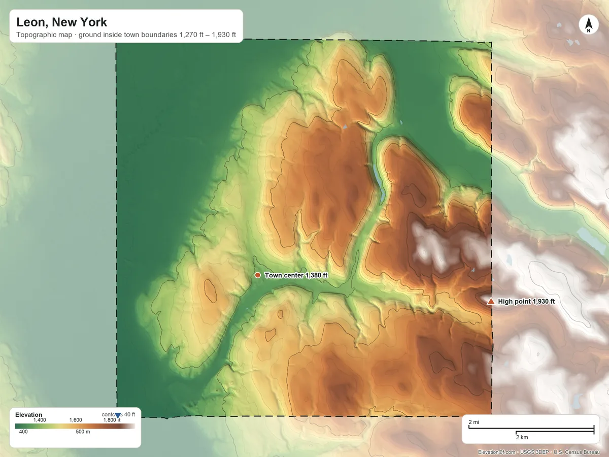 Topographic elevation map of Leon, New York, shaded from 1,270 ft on the southwest side to 1,930 ft on the east side