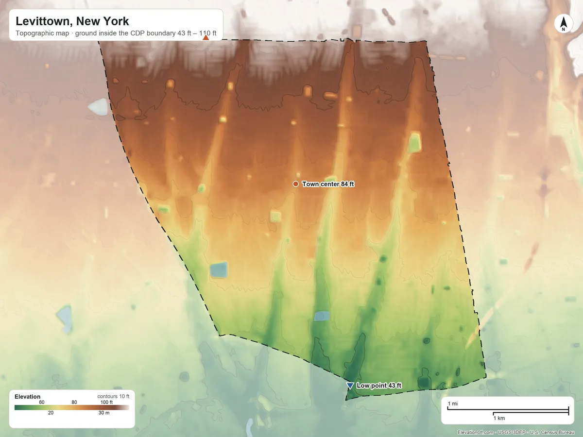 Topographic elevation map of Levittown, New York, shaded from 43 ft on the south side to 110 ft on the northwest side