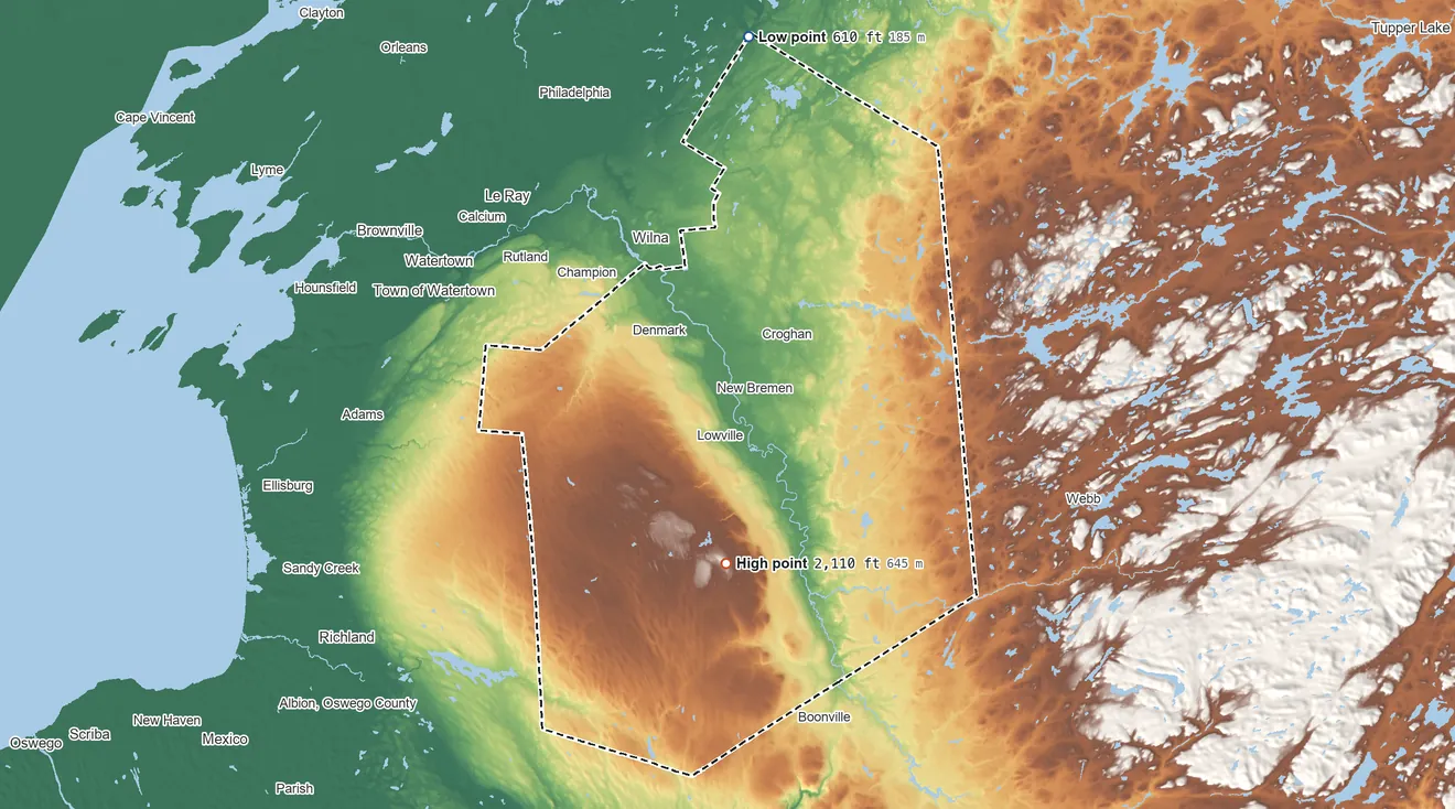 Topographic elevation map of Lewis County, New York, shaded from 610 ft on the north side to 2,110 ft on Gomer Hill