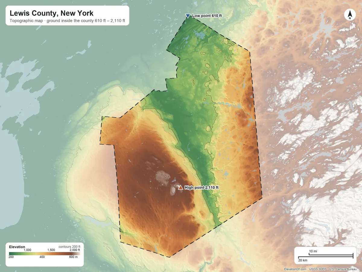Topographic elevation map of Lewis County, New York, shaded from 610 ft on the north side to 2,110 ft on Gomer Hill