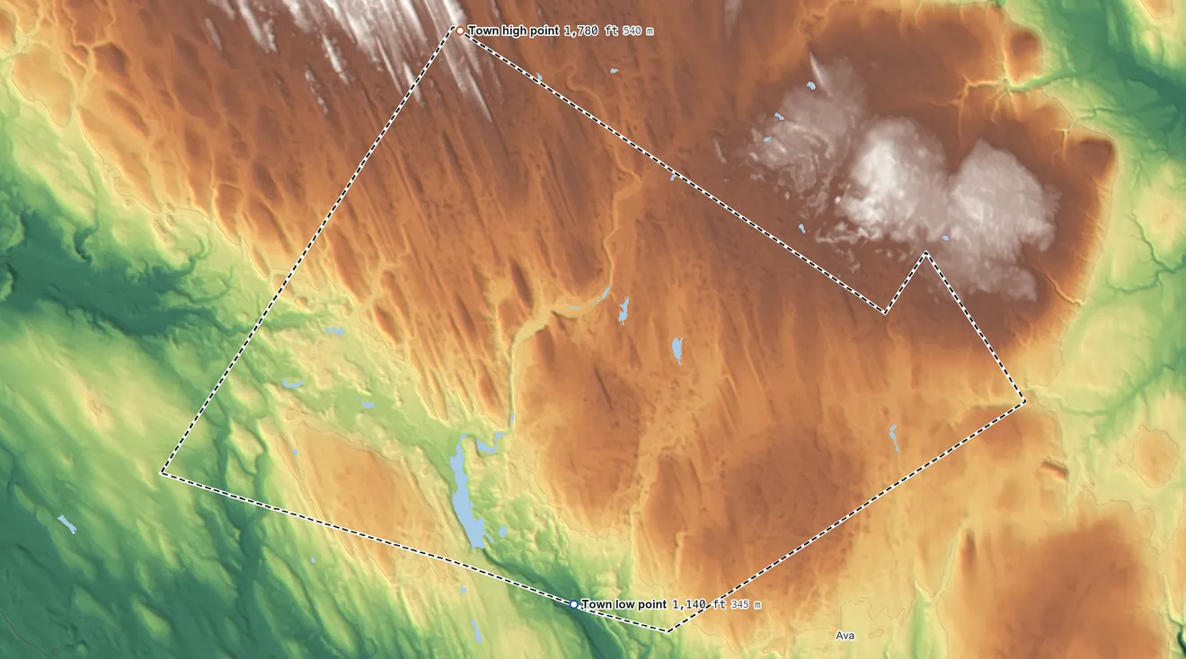 Topographic elevation map of Lewis, Lewis County, New York, shaded from 1,140 ft on the southwest side to 1,780 ft on the northwest side