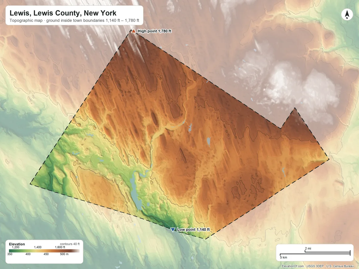 Topographic elevation map of Lewis, Lewis County, New York, shaded from 1,140 ft on the southwest side to 1,780 ft on the northwest side