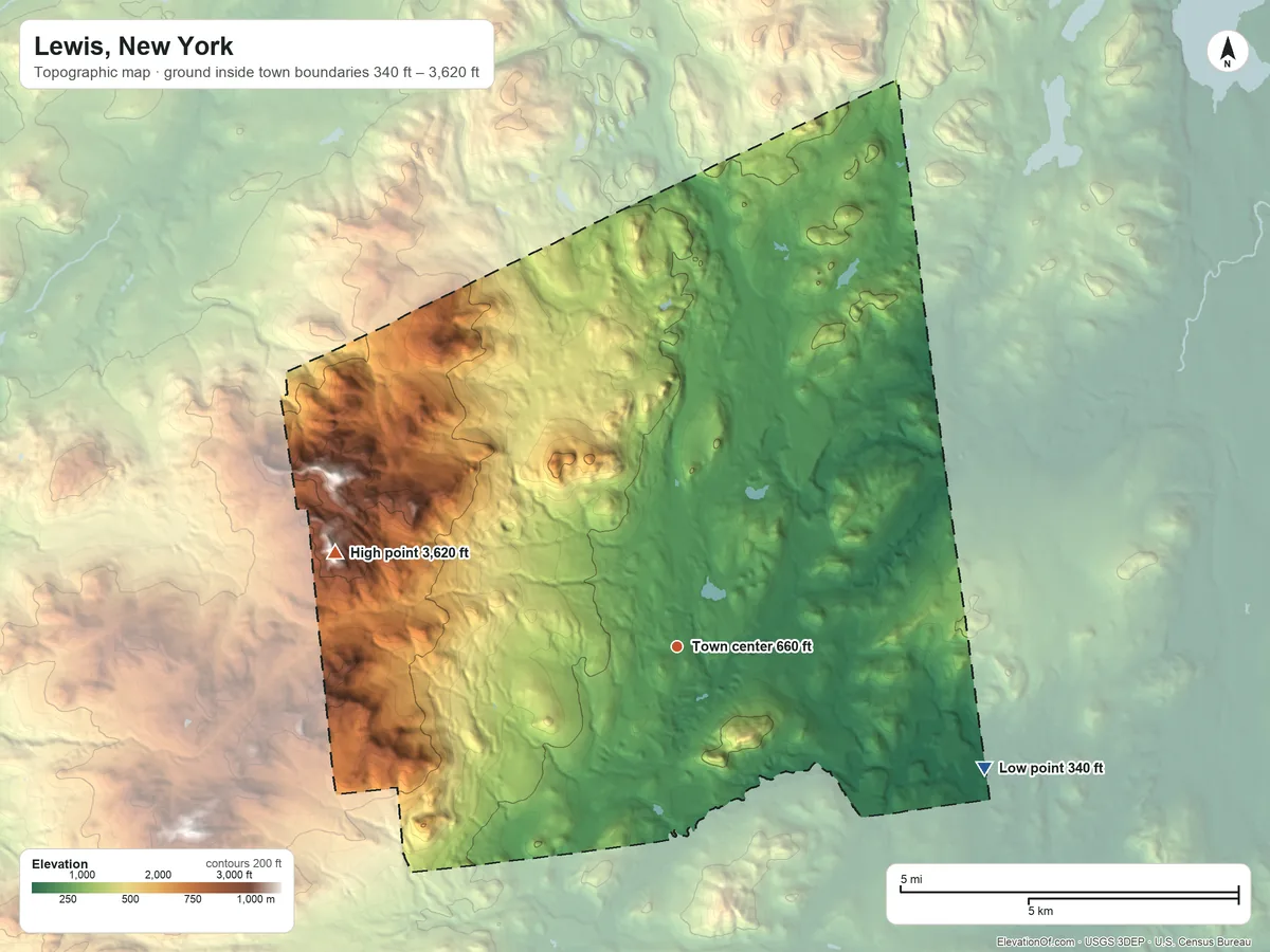 Topographic elevation map of Lewis, New York, shaded from 340 ft on the east side to 3,620 ft on Saddleback Mountain